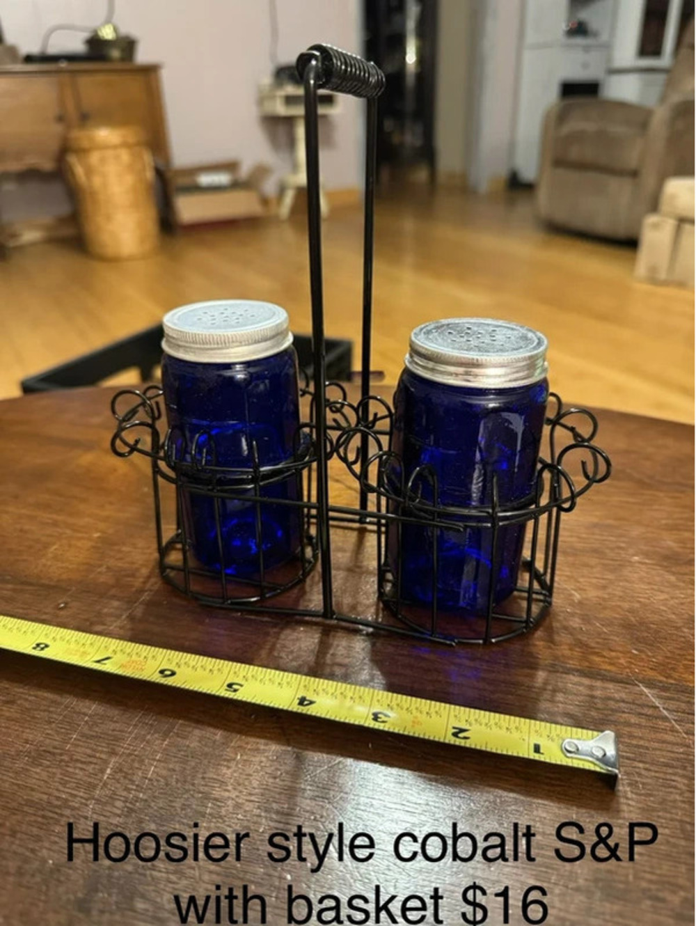 Hoosier Style cobalt salt and pepper with basket